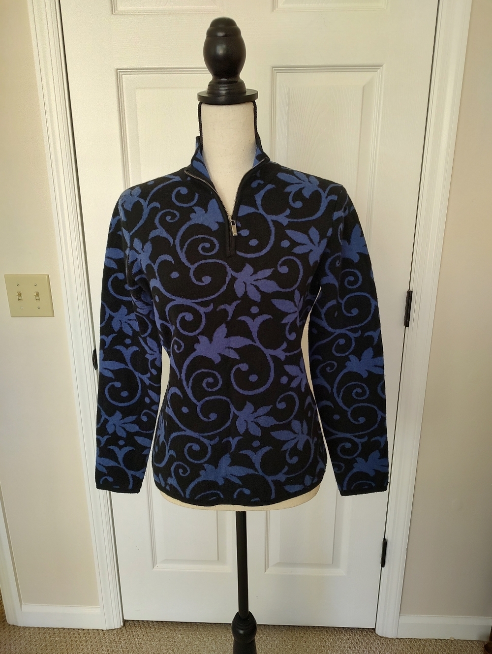 Neve 100% Wool Apres Ski Blue Black Nordic Sweater Medium 1/4 Zip
